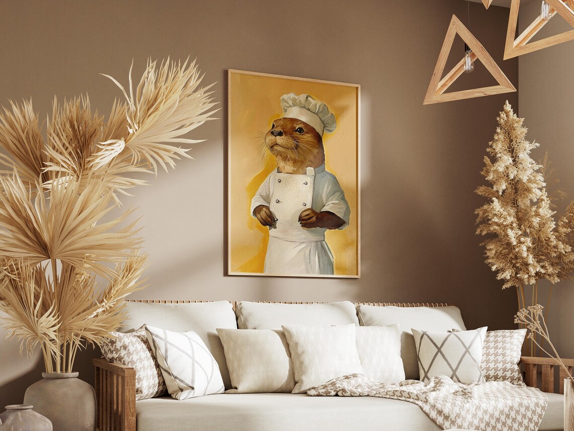 Cute Otter Chef Wearing Hat And White Coat Yellow Background Poster - Image 3