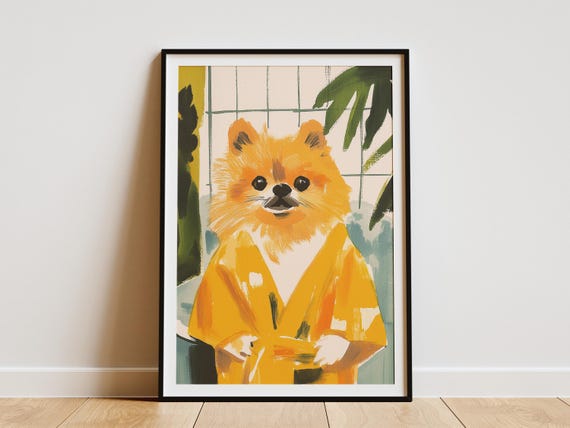 Pomeranian Dog Bathrobe Art Print Bathroom Wall Decor Cute Animal Lover Gift Puppy Poster Funny Pet Portrait Owner