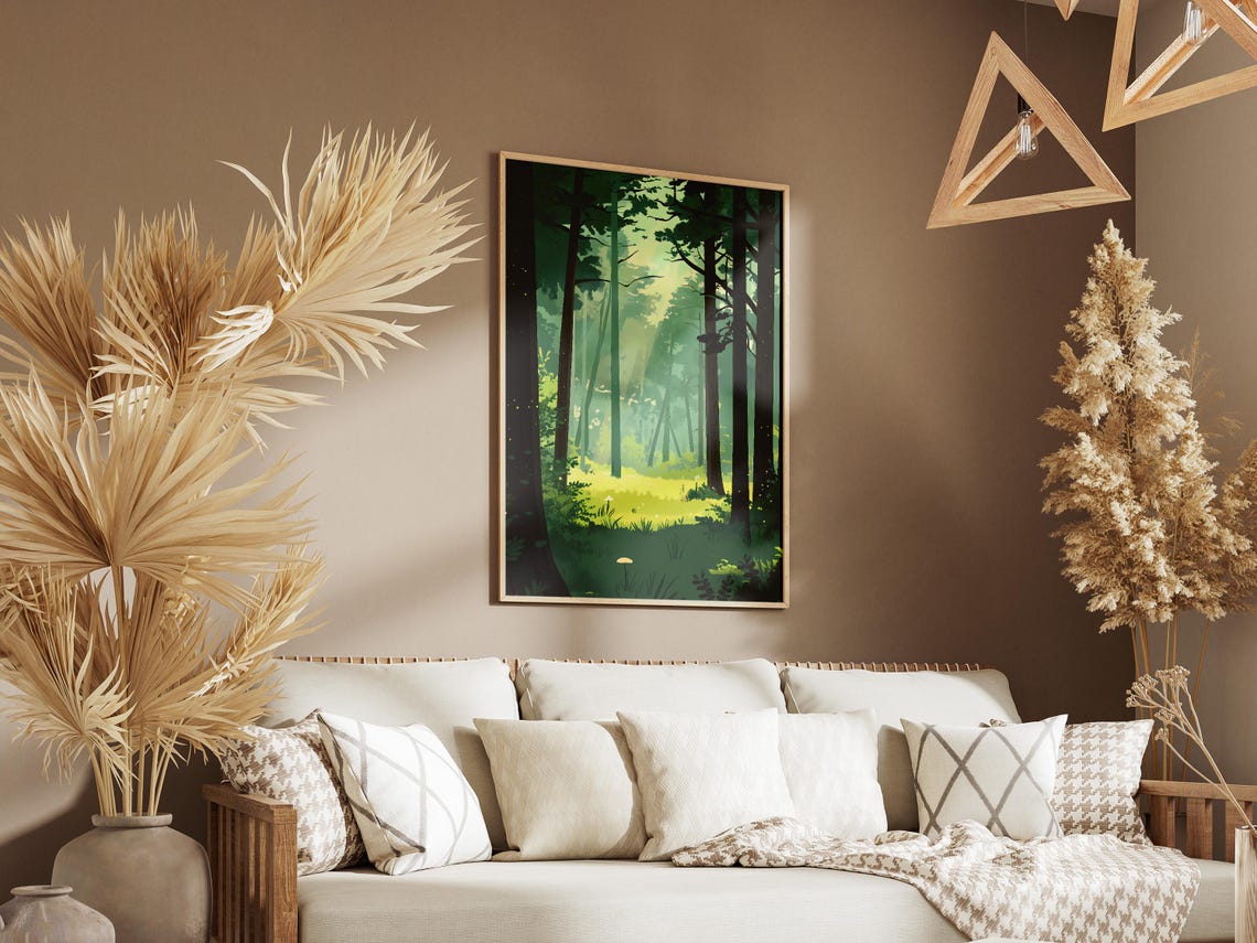 Misty Ancient Forest with Sunlit Clearing Nature Art Poster Tranquil - Image 3