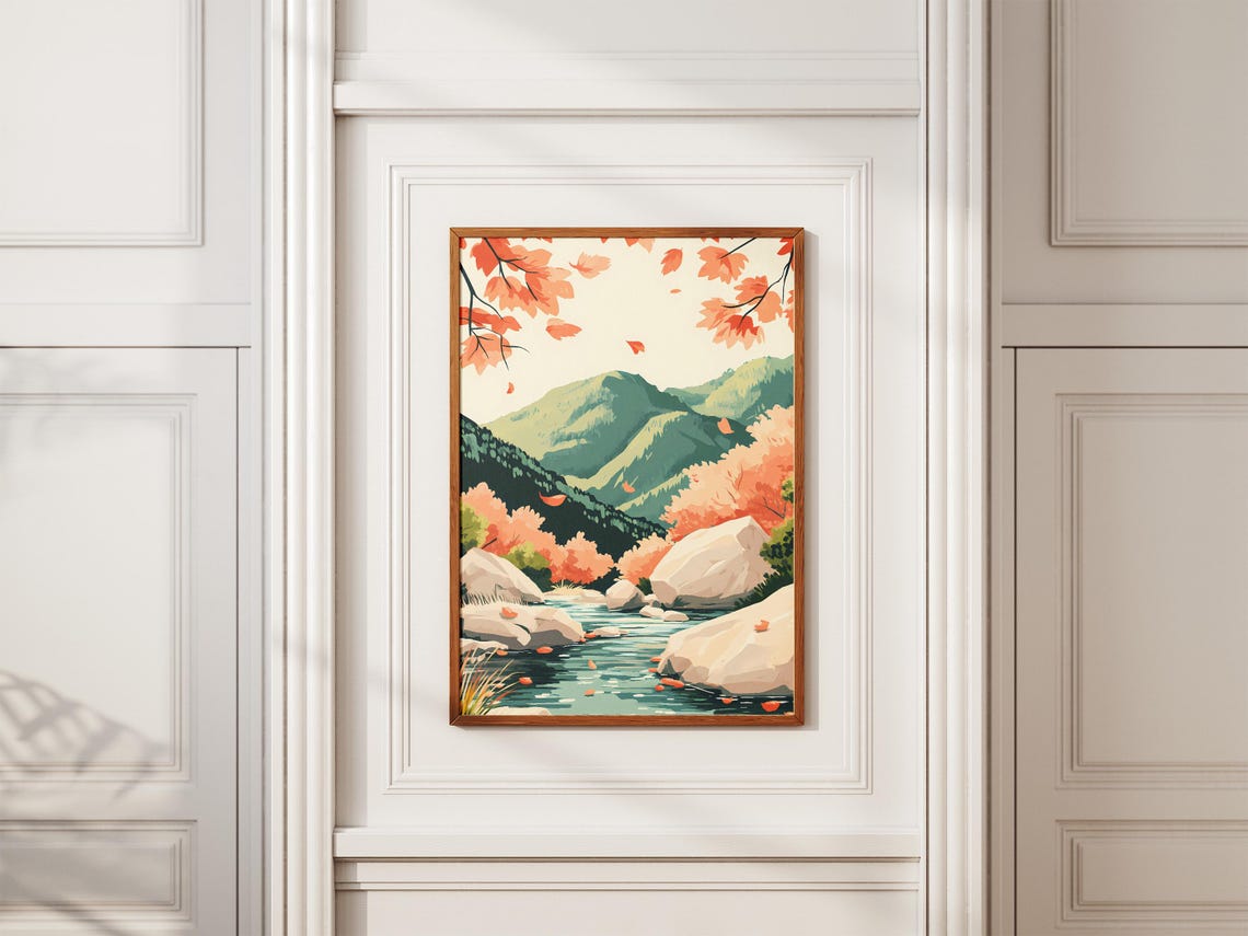 Autumn Mountain Stream with Falling Leaves Forest Art Poster - Image 2