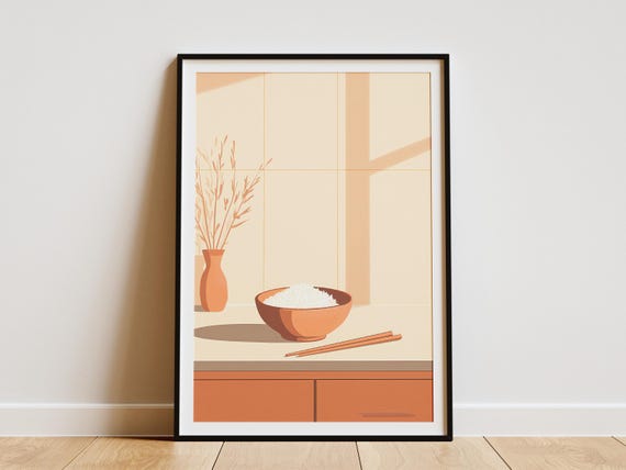 Boho Kitchen Minimalist Print Wall Art Poster Modern Home Decor Simple Rice Bowl Chopsticks Calm Room Beige Orange