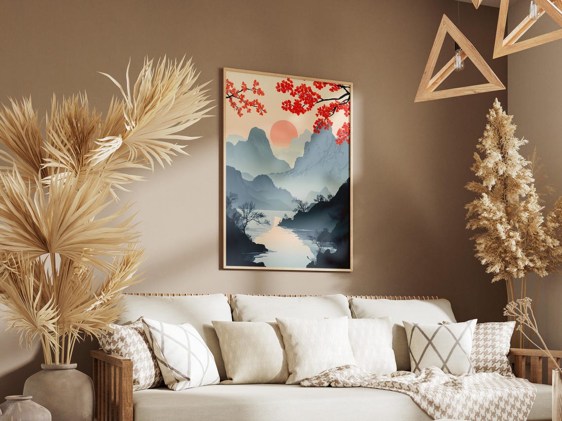 Shennongjia Mountains Misty Blue Peaks Red Sun Branch Poster - Image 3