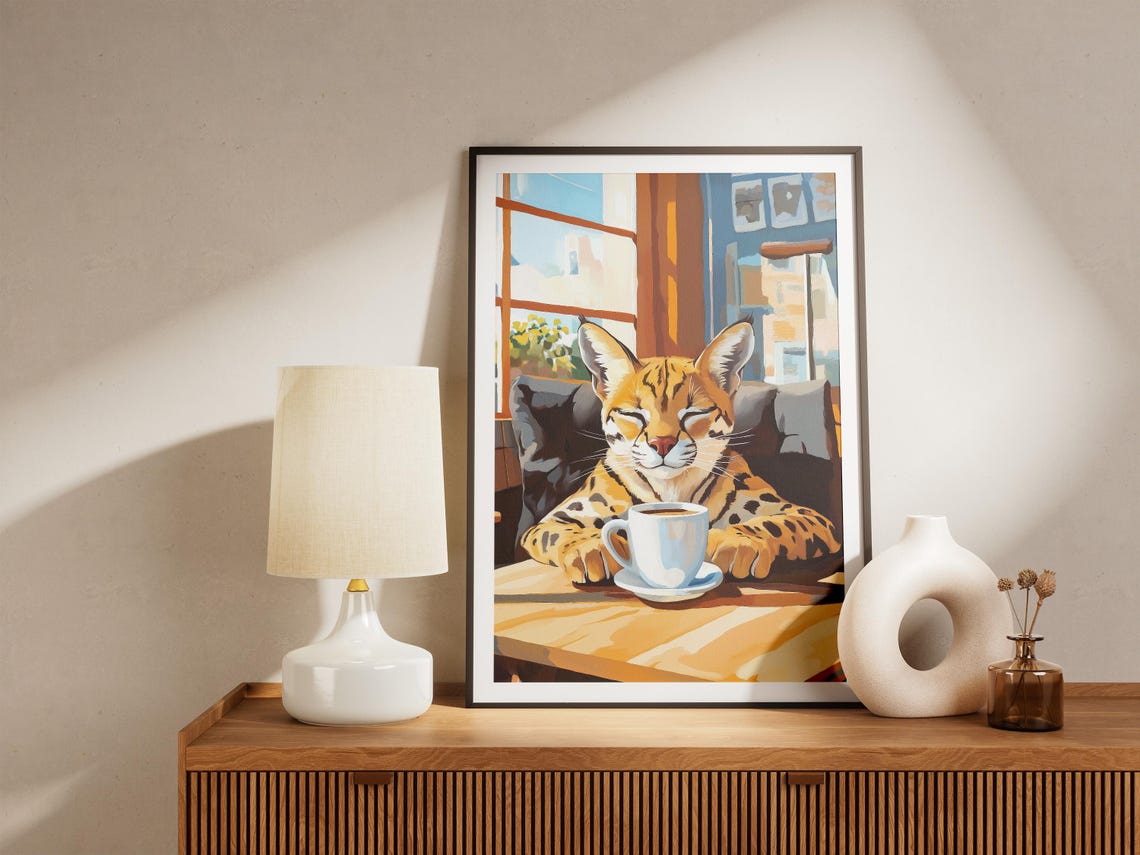 Ocelot Enjoying Coffee at a Sunny Cafe Window Artwork Poster - Image 4