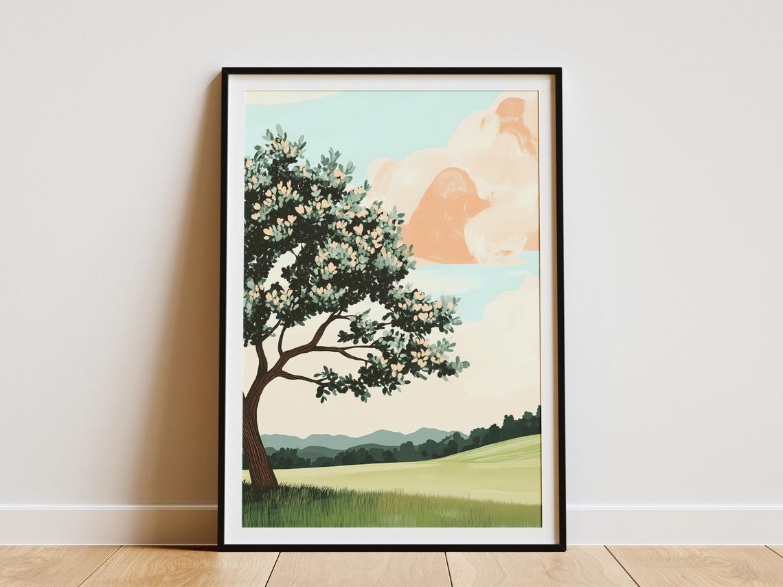 Lone Tree on a Green Hill Under Pink Clouds Minimalist Poster