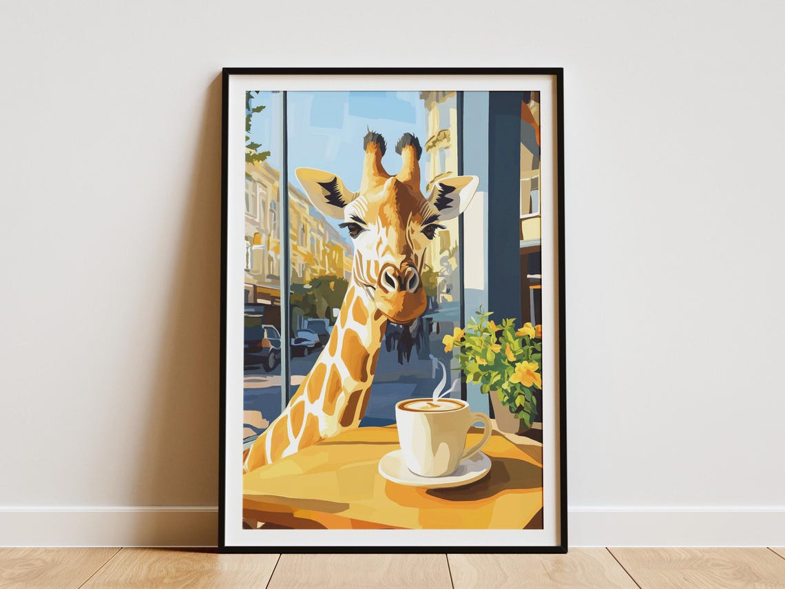 Giraffe Cafe Art Print Animal Coffee Poster Whimsical Wall Shop Decor Lover Gift Illustration