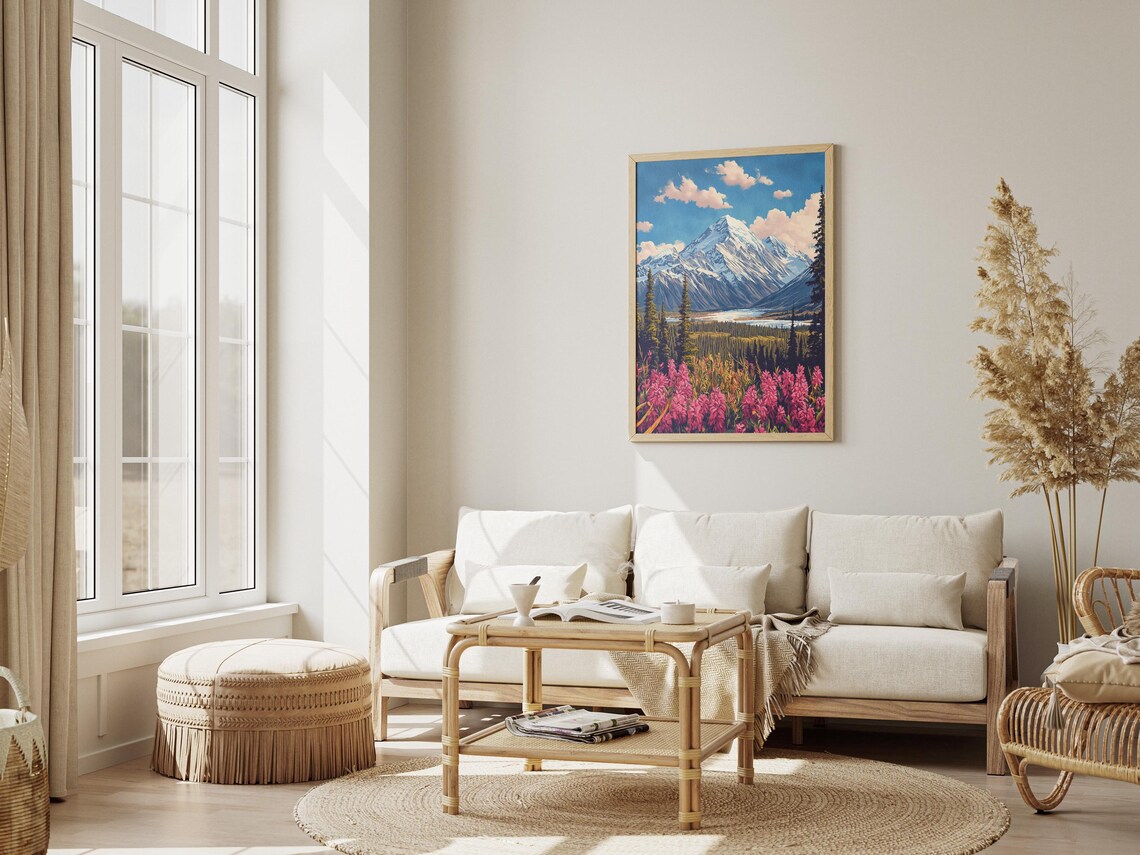 Snowy Mountain Peak Pink Wildflowers Alpine Valley Meadow Poster - Image 3