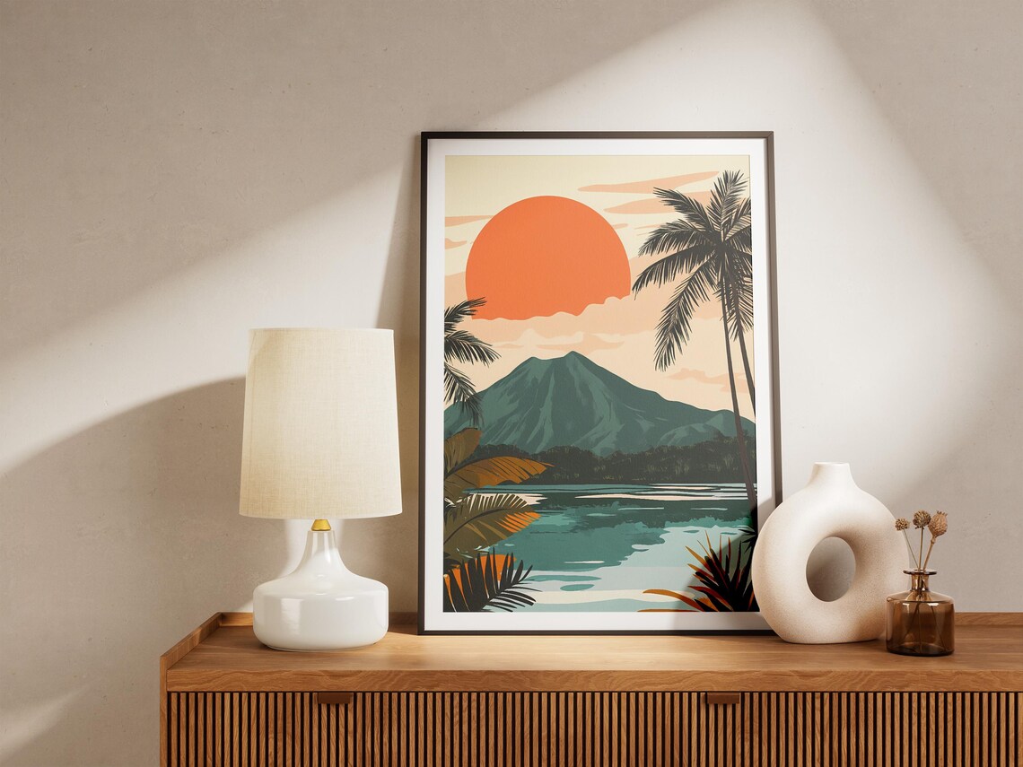 Lombok Island Indonesia Sunset Volcano Palm Lagoon Travel Poster - Image 5