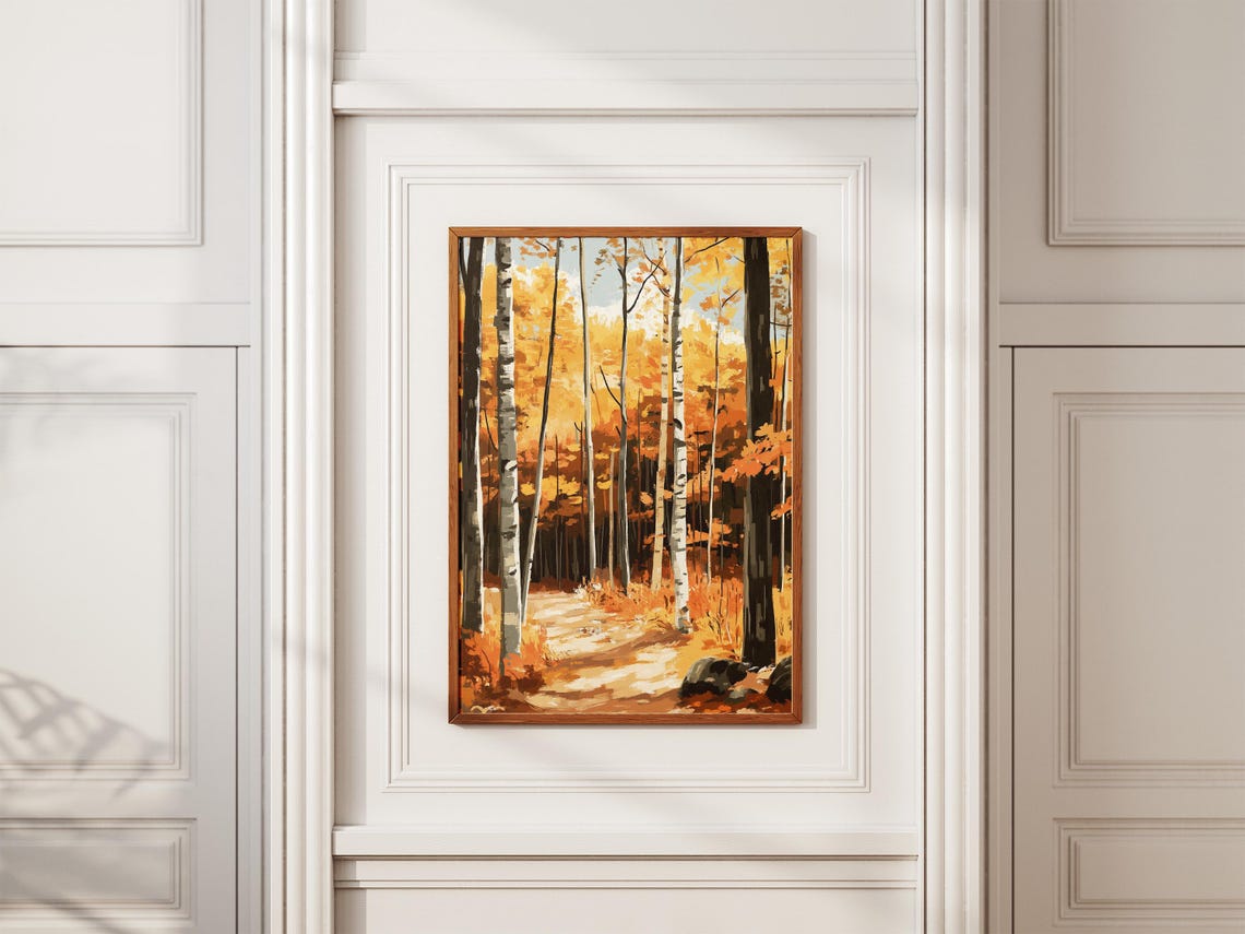 White Birch Trees In Golden Autumn Woods Sunlit Trail Poster - Image 2
