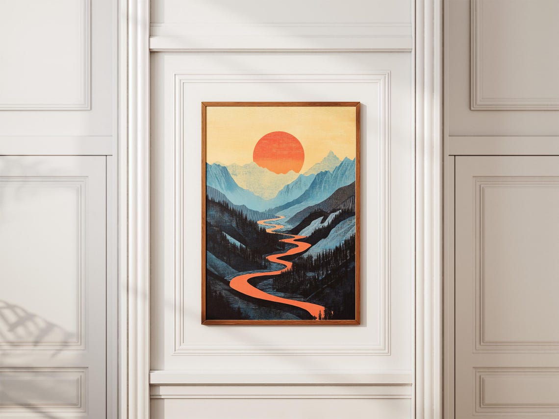 River Valley Sunrise Poster Mountain Landscape Print Nature Wall Art Home Decor Gift Idea Modern Art Print Minimalist Art River Art Print - Image 2