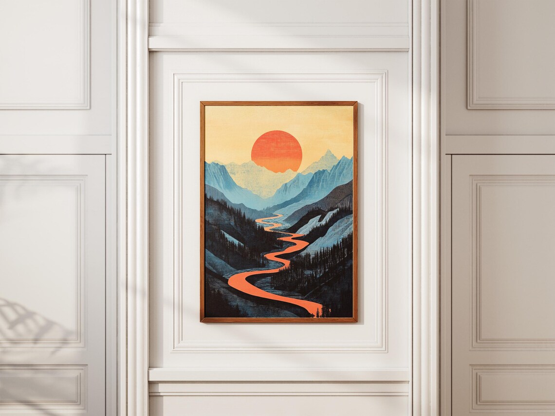 Winding Red River Through Blue Mountains at Sunset Modern Art Poster - Image 2