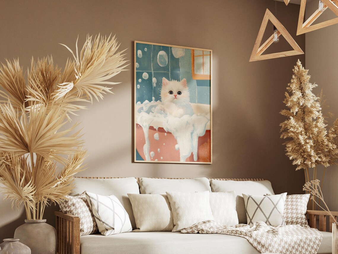 White Kitten In Foamy Bubble Bath Poster Cute Pet Art For Bathroom Decor - Image 3