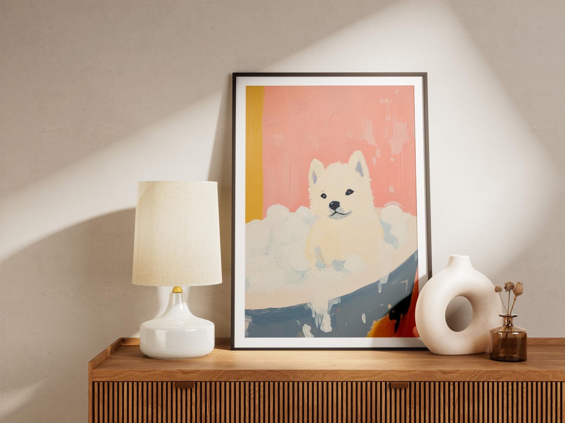 Sweet Cute White Fluffy Puppy Bubble Bath Pink Nursery Poster - Image 4