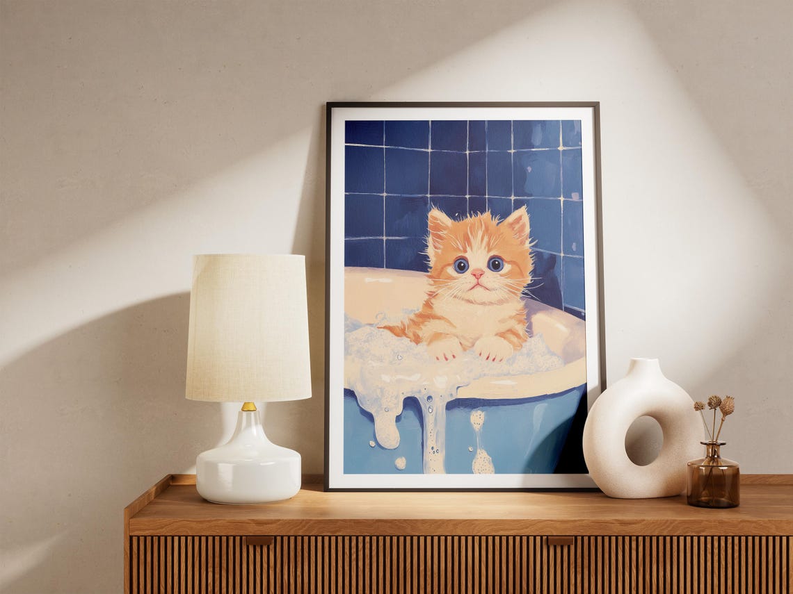 Orange Kitten in Blue Bubble Bath Tub Cute Cat Bathroom Poster - Image 4