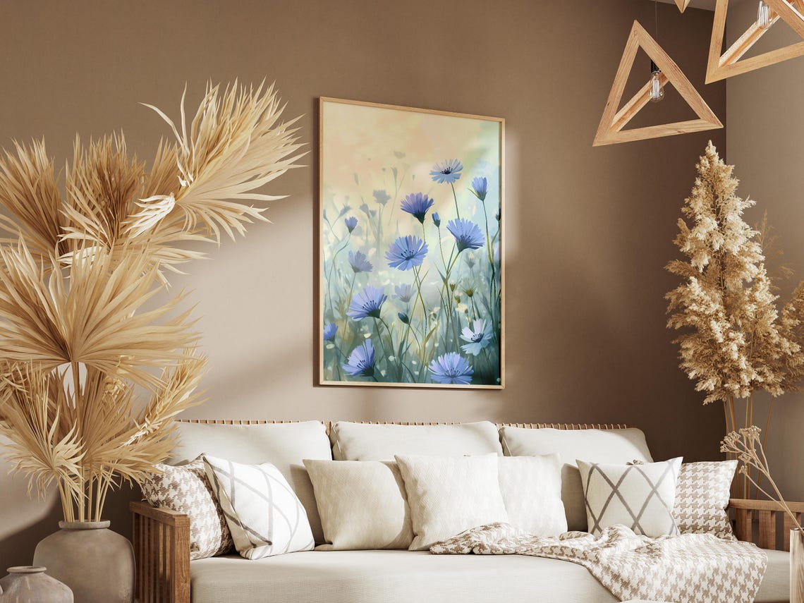 Blue Chicory Meadow Flowers Poster in Soft Misty Morning Light - Image 3
