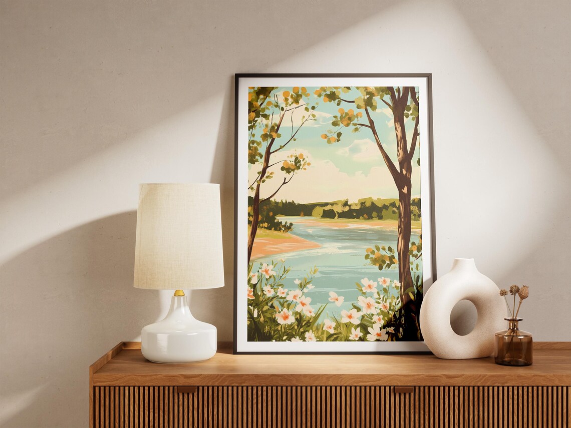 River Bend Lined With White Wildflowers And Golden Trees Poster - Image 5