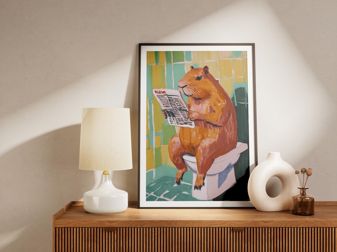 Capybara on Toilet Reading Newspaper Green Bathroom Funny Poster - Image 5