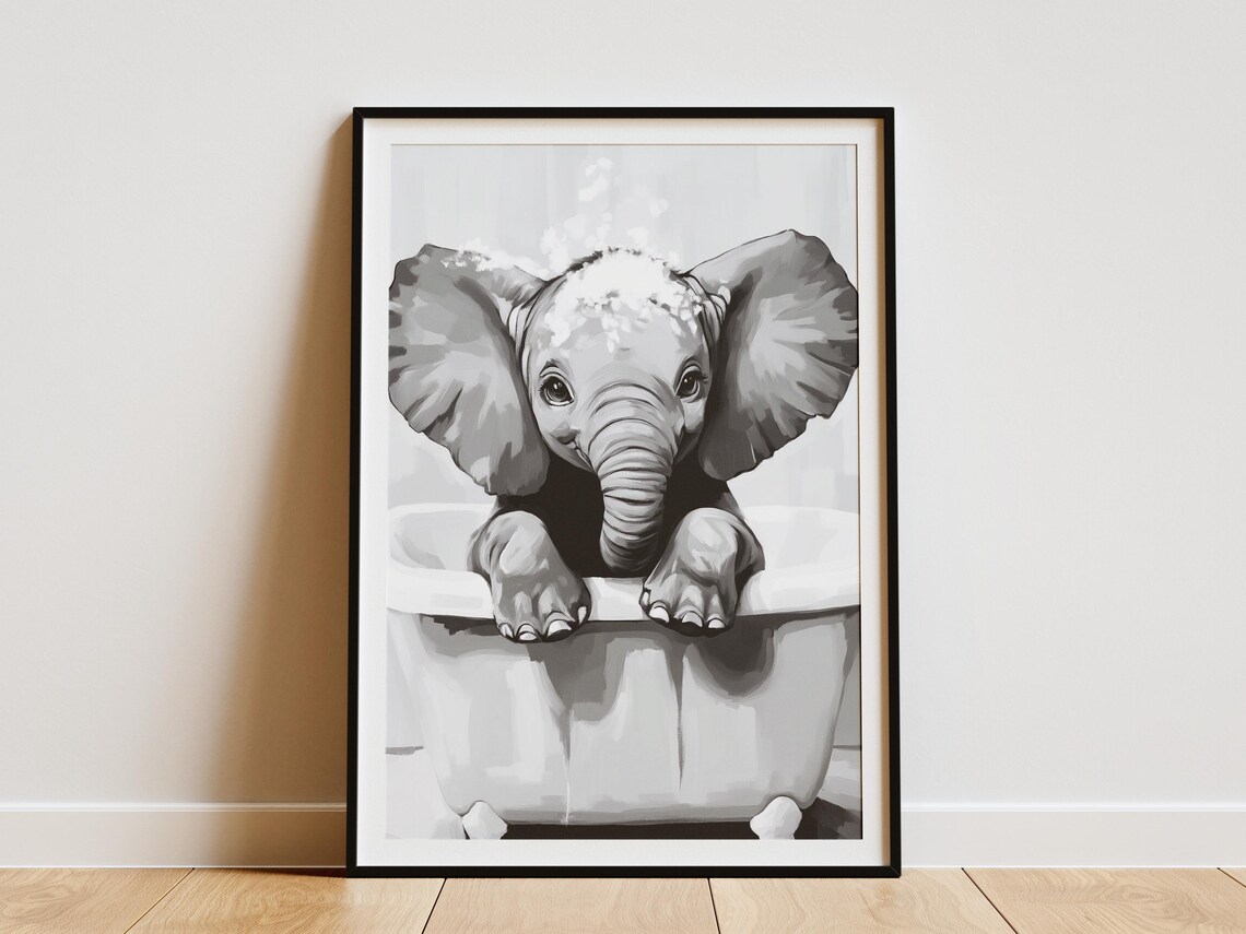 Baby Elephant in Bathtub Black and White Cute Kids Room Decor Poster