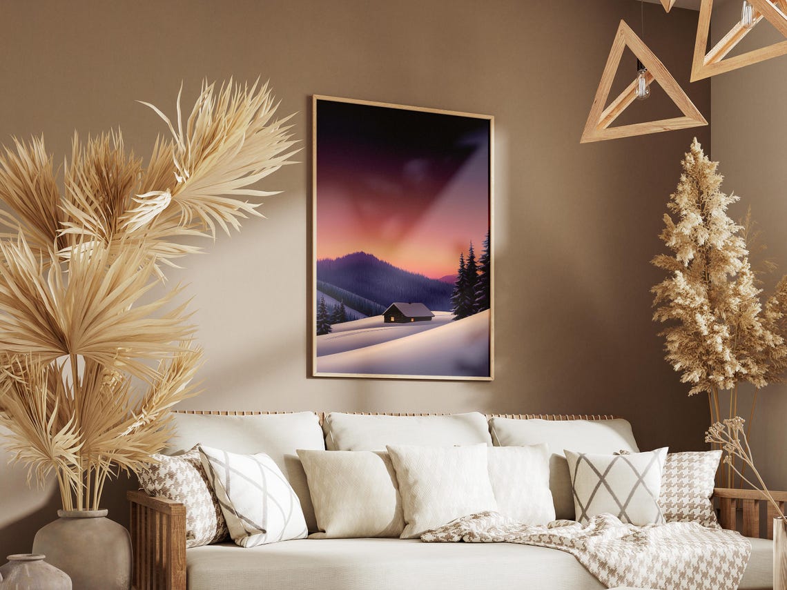 Cozy Glowing Winter Cabin Under Purple Sunset Snowy Hills Poster - Image 3