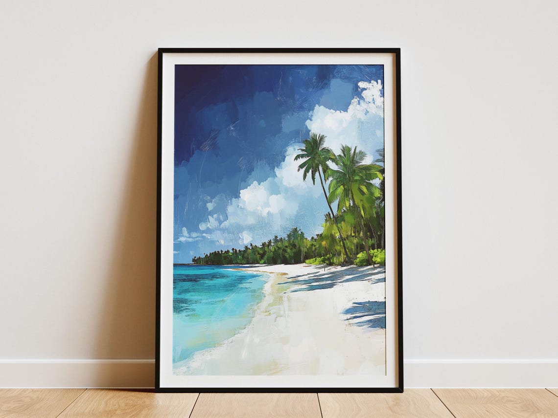 White Sand Island Beach Palm Trees Deep Blue Ocean Escape Poster