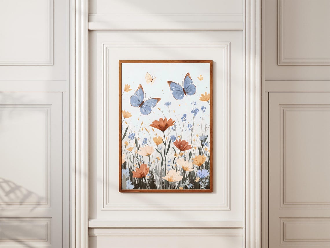Blue Butterfly Meadow Wildflowers Botanical Garden Illustration Poster - Image 2