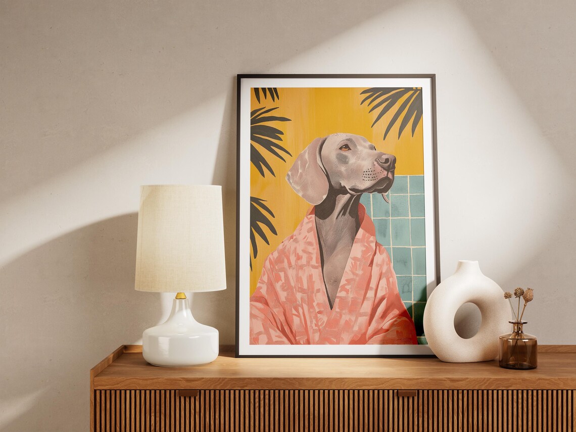 Weimaraner Dog in Coral Bathrobe Tropical Palm Bathroom Poster - Image 5