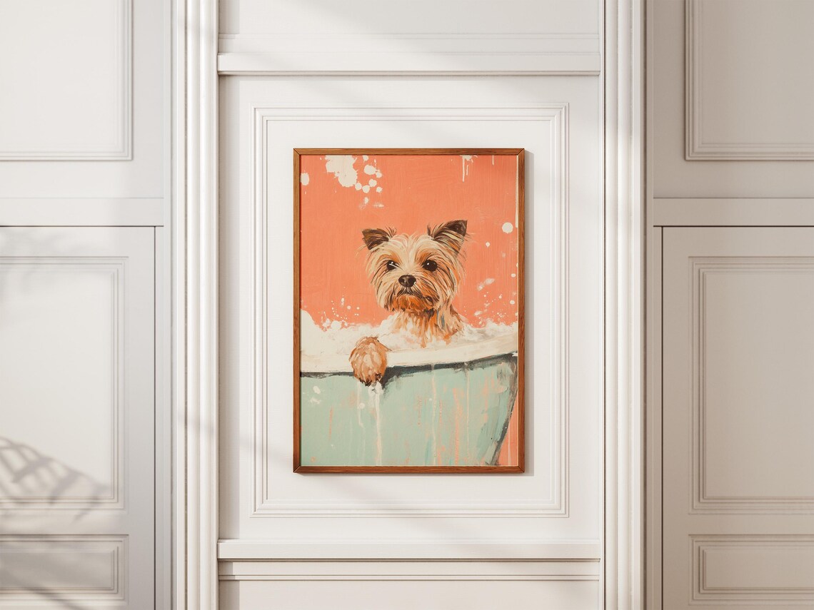 Scruffy Yorkie in Mint Tub Coral Splatter Fun Dog Art Poster - Image 2