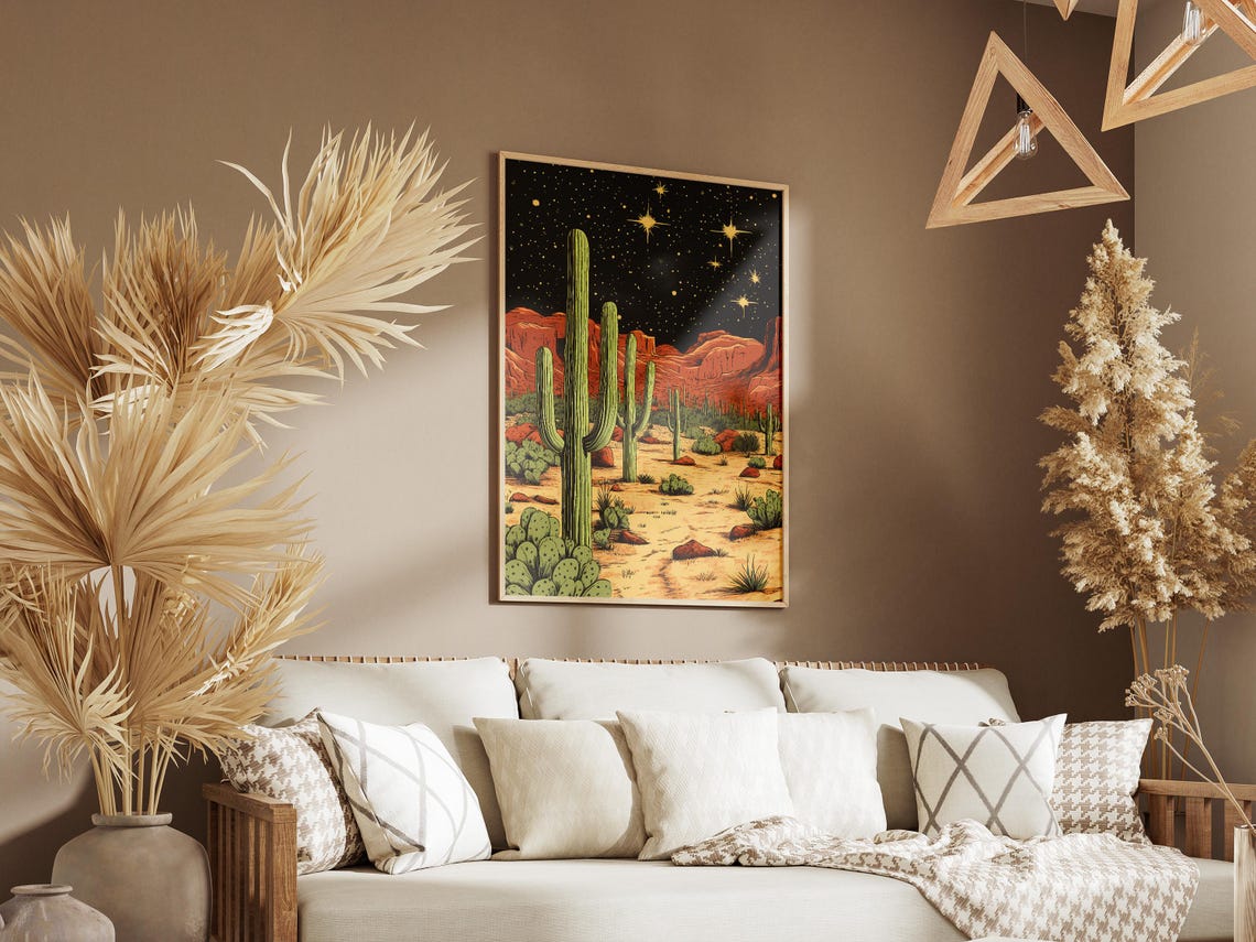 Saguaro Cactus Desert Under A Starry Night Sky Vintage Poster - Image 3