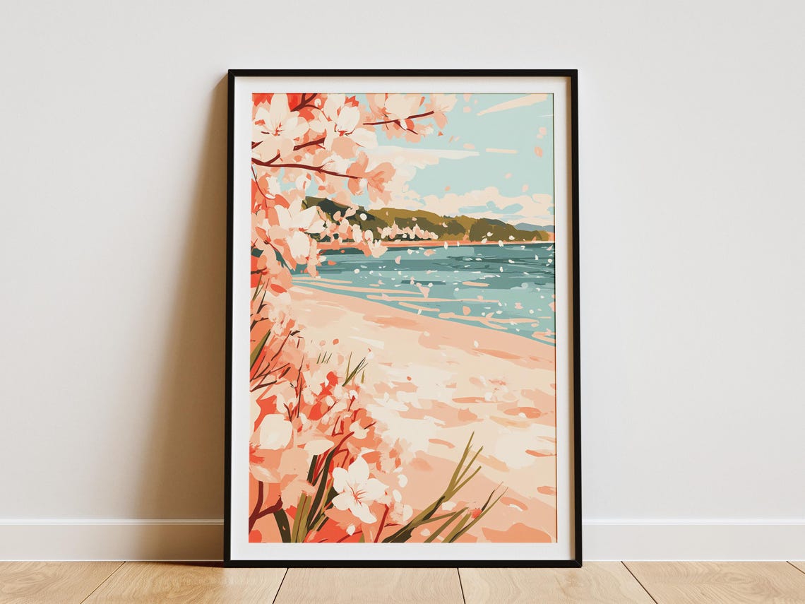 Cherry Blossoms Over a Peach-Sand Turquoise Beach Scene Poster