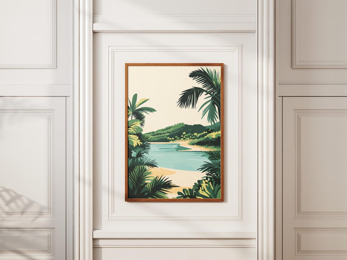 Tropical Lagoon Beach Through Palm Fronds Hillside View Poster - Image 2