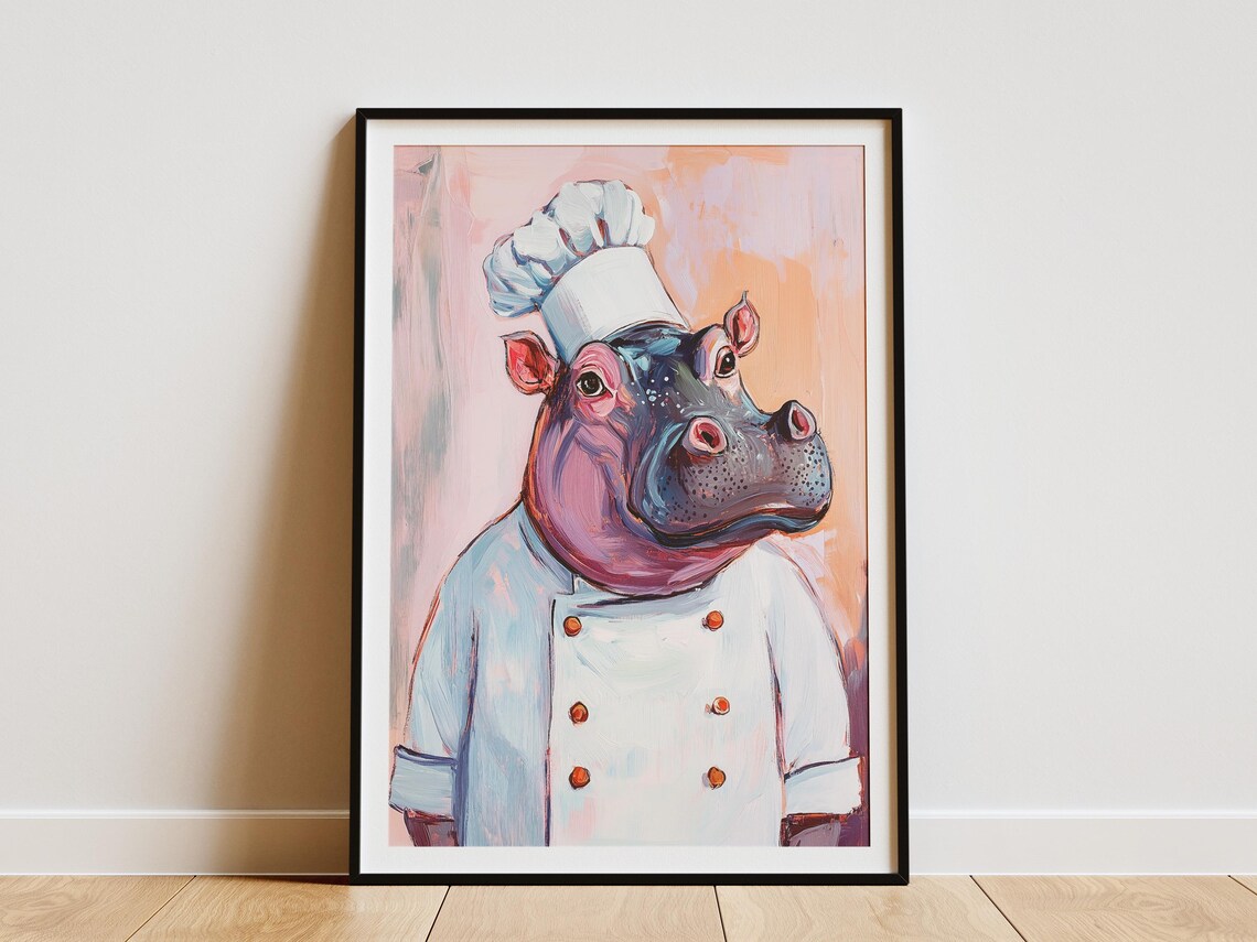 Hippo Chef Colorful Painting Funny Animal Kitchen Decor Poster