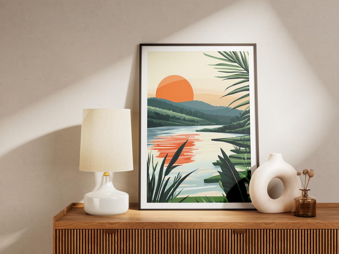 Orange Sun Over Tropical River Modern Botanical Sunset Poster - Image 5
