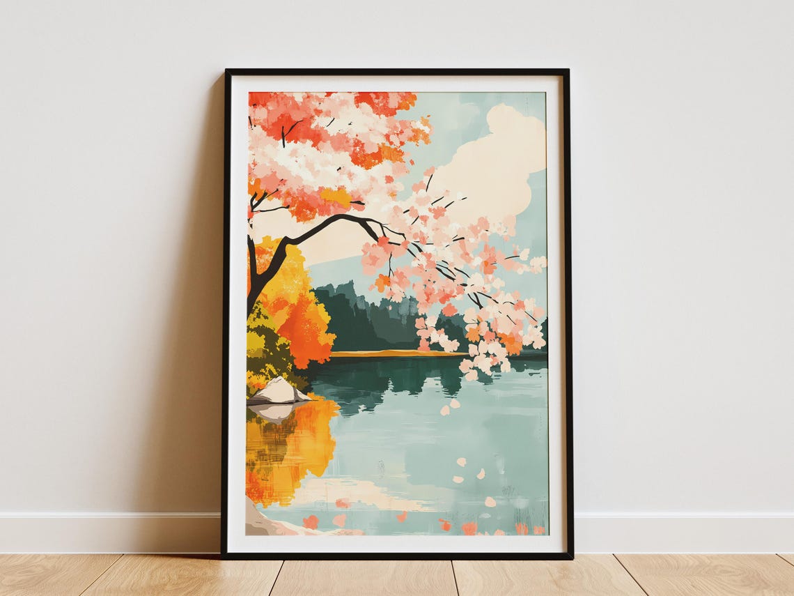 Cherry Blossom Lake Reflection Autumn Landscape Calm Water Poster