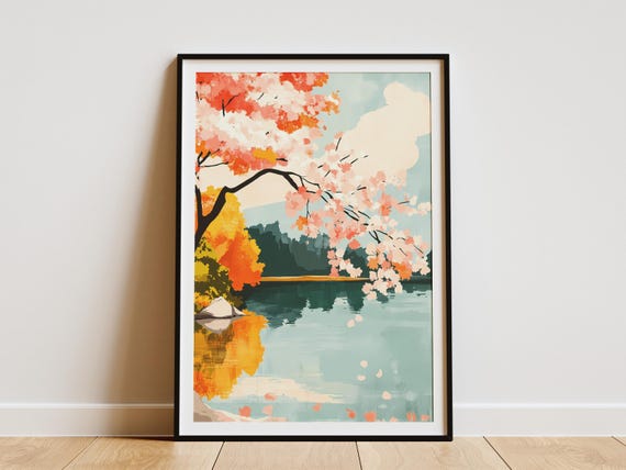 Japanese Cherry Blossom Tree Posterfloral Art Printabstract Nature Wall Artpink Flower Decorboho Decorlake Scenerycalm Posterspring