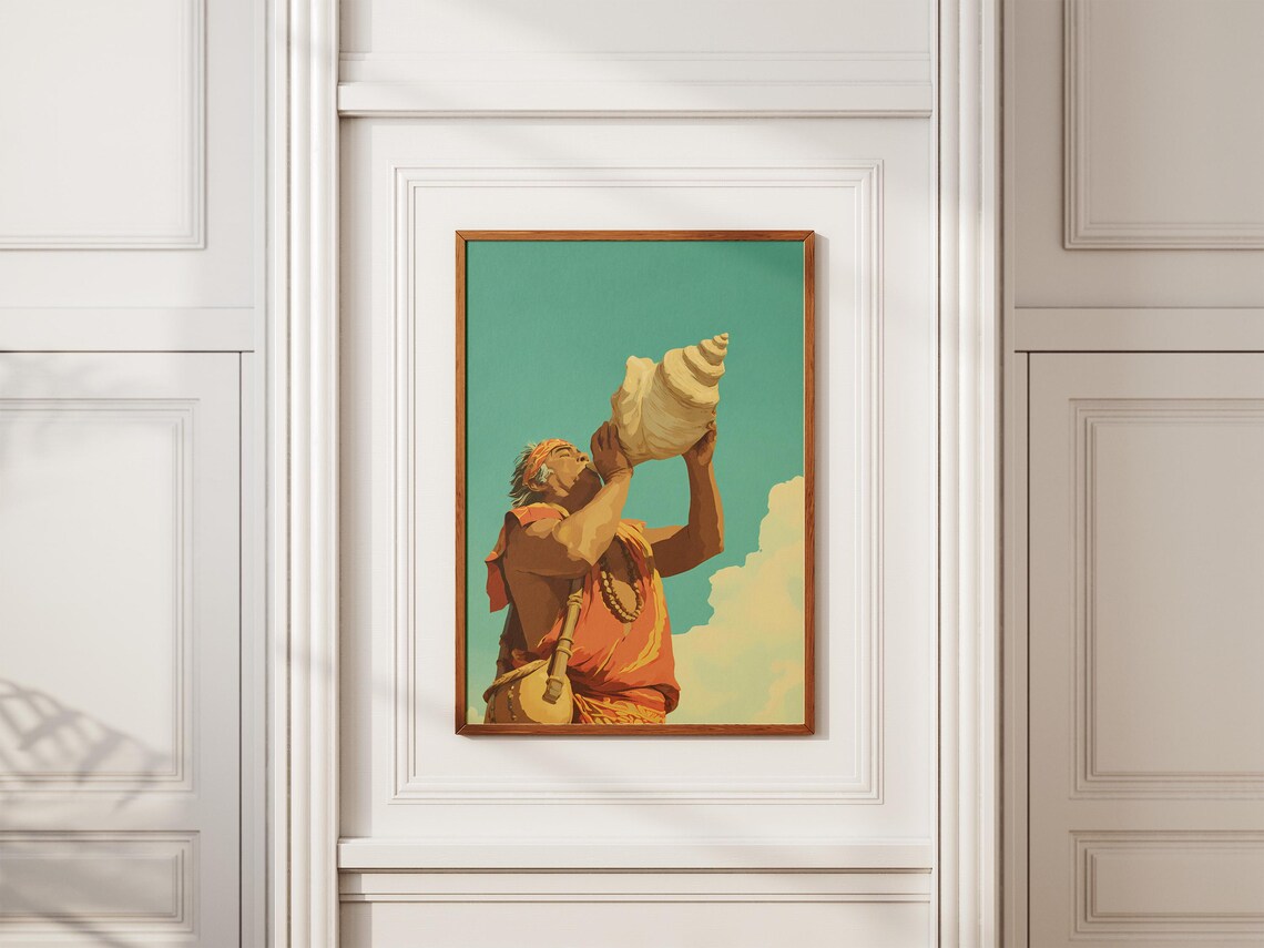 Hawaiian Conch Shell Blower Vintage Style Island Culture Art Poster - Image 2