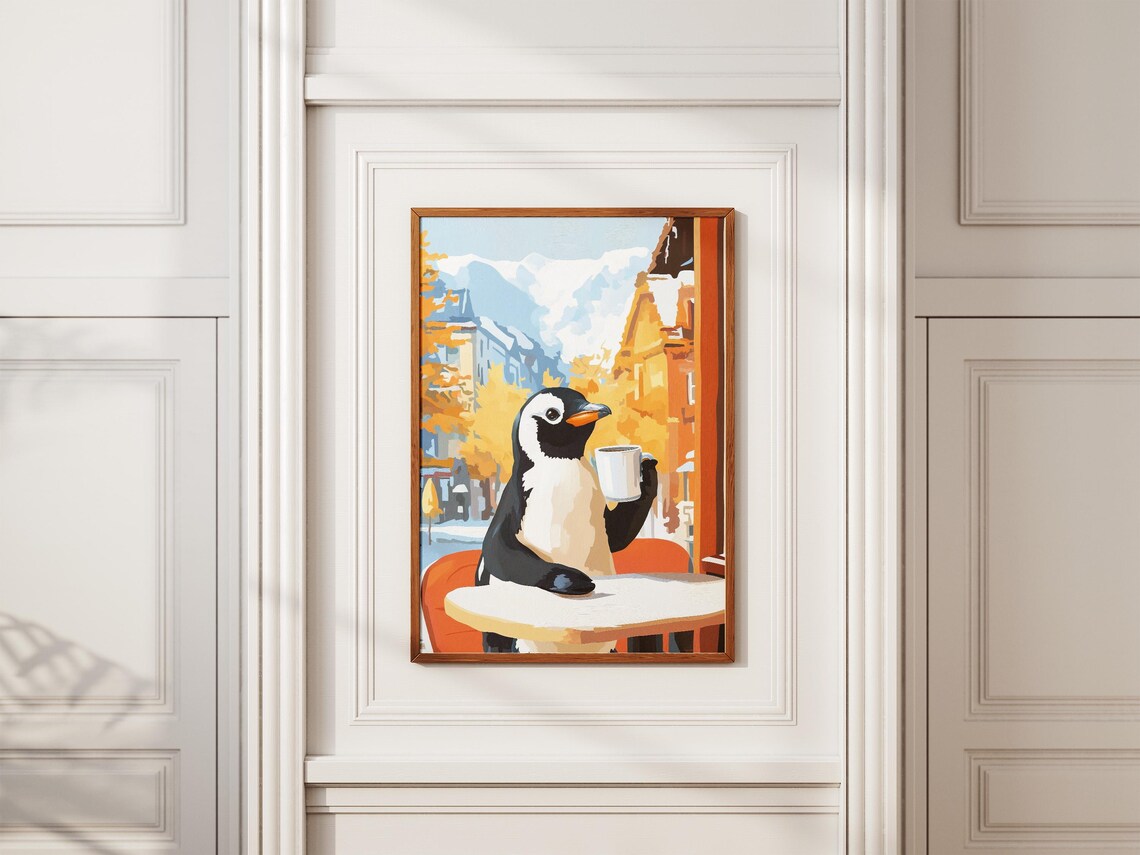 Penguin Cafe Coffee Art Print, Cozy Animal Illustration - Image 2