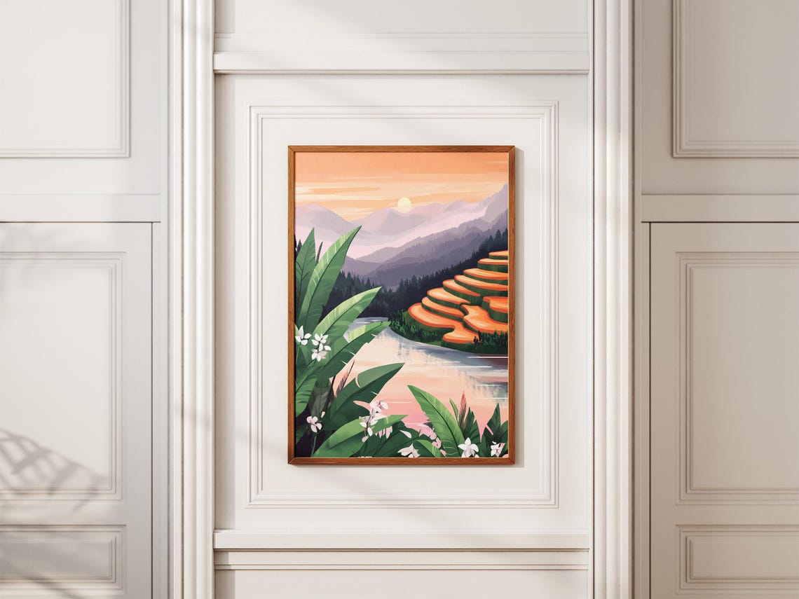 Tropical Rice Terraces Dawn Misty Mountains Landscape Poster - Image 2