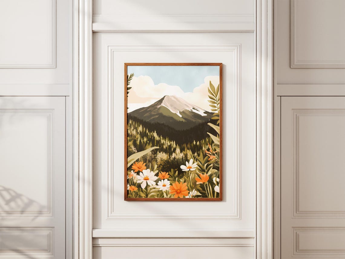 Snow Capped Mountain Peak Pine Forest Wildflowers Meadow Art Poster - Image 2