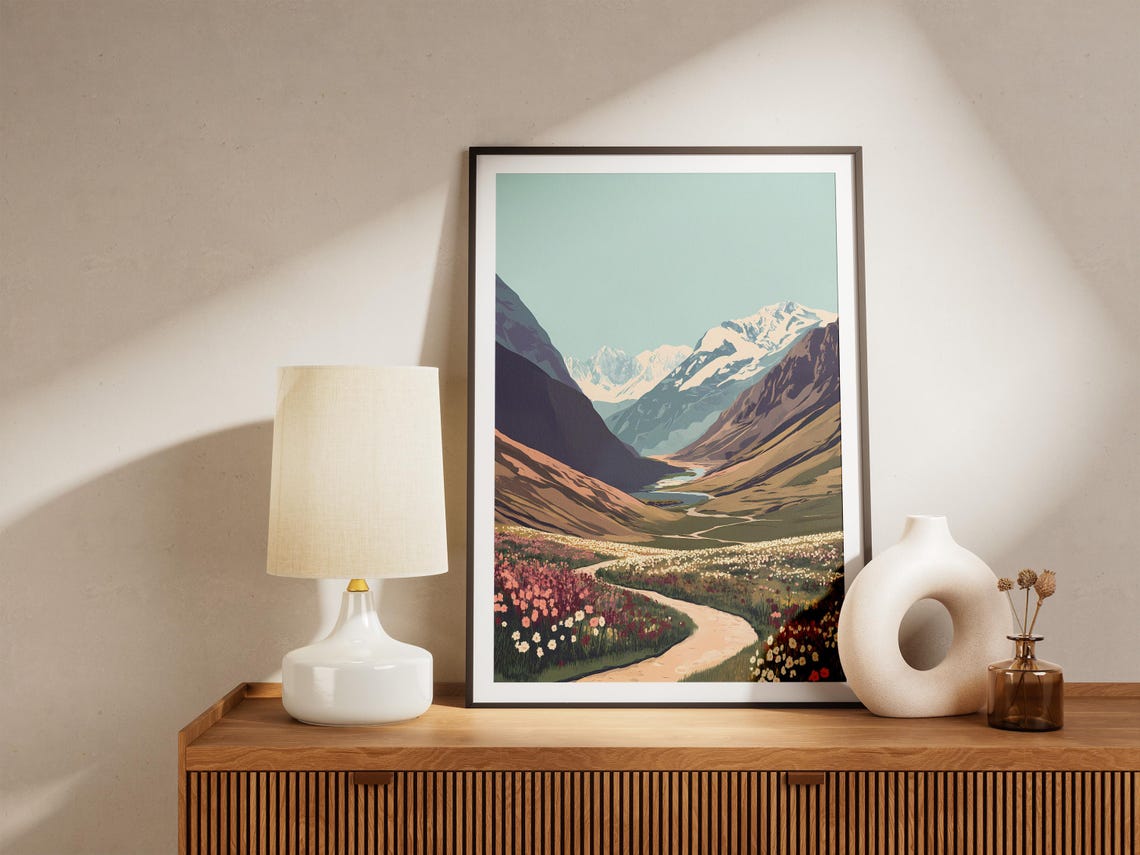 Alpine Valley Wildflower Meadow Winding Path Snowy Peaks Poster - Image 5