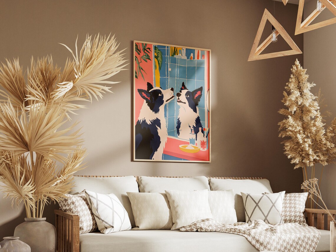 Border Collie Dog Print Cute Dog Art Pet Portrait Bathroom Print Modern Dog Poster Minimalist Pet Decor Funny Dog Poster Blue And Pink Wall - Image 3