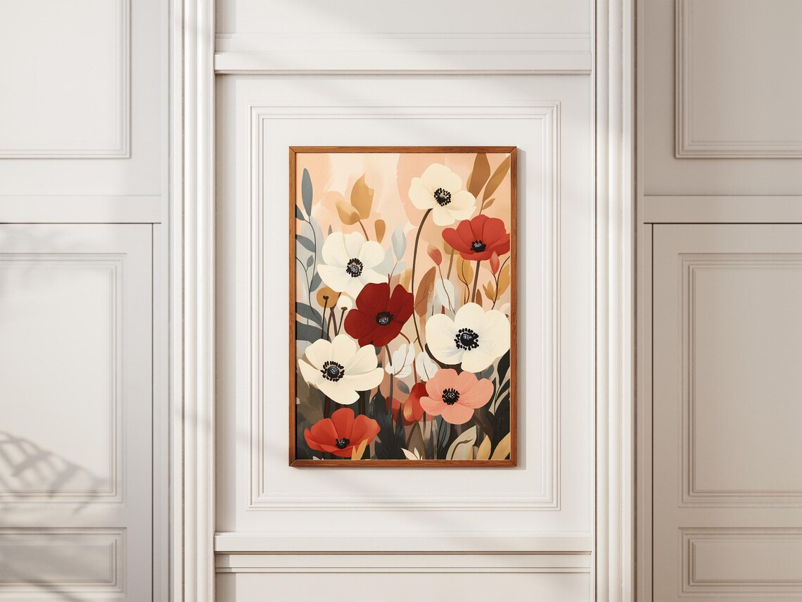 Bohemian Red White Coral Anemone Flower Meadow Botanical Art Poster - Image 2