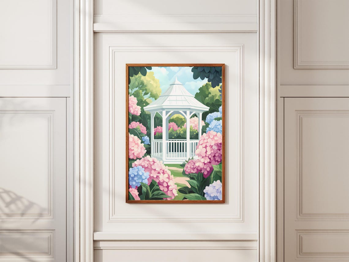White Garden Gazebo Surrounded By Pink Blue Hydrangeas Poster - Image 2