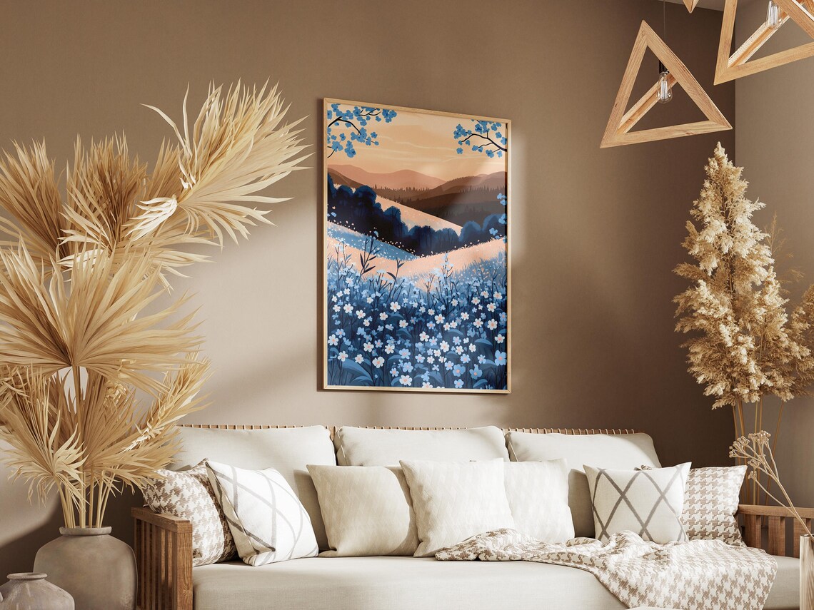 Forget Me Not Meadow Blue Wildflower Valley Dusk Landscape Poster - Image 3
