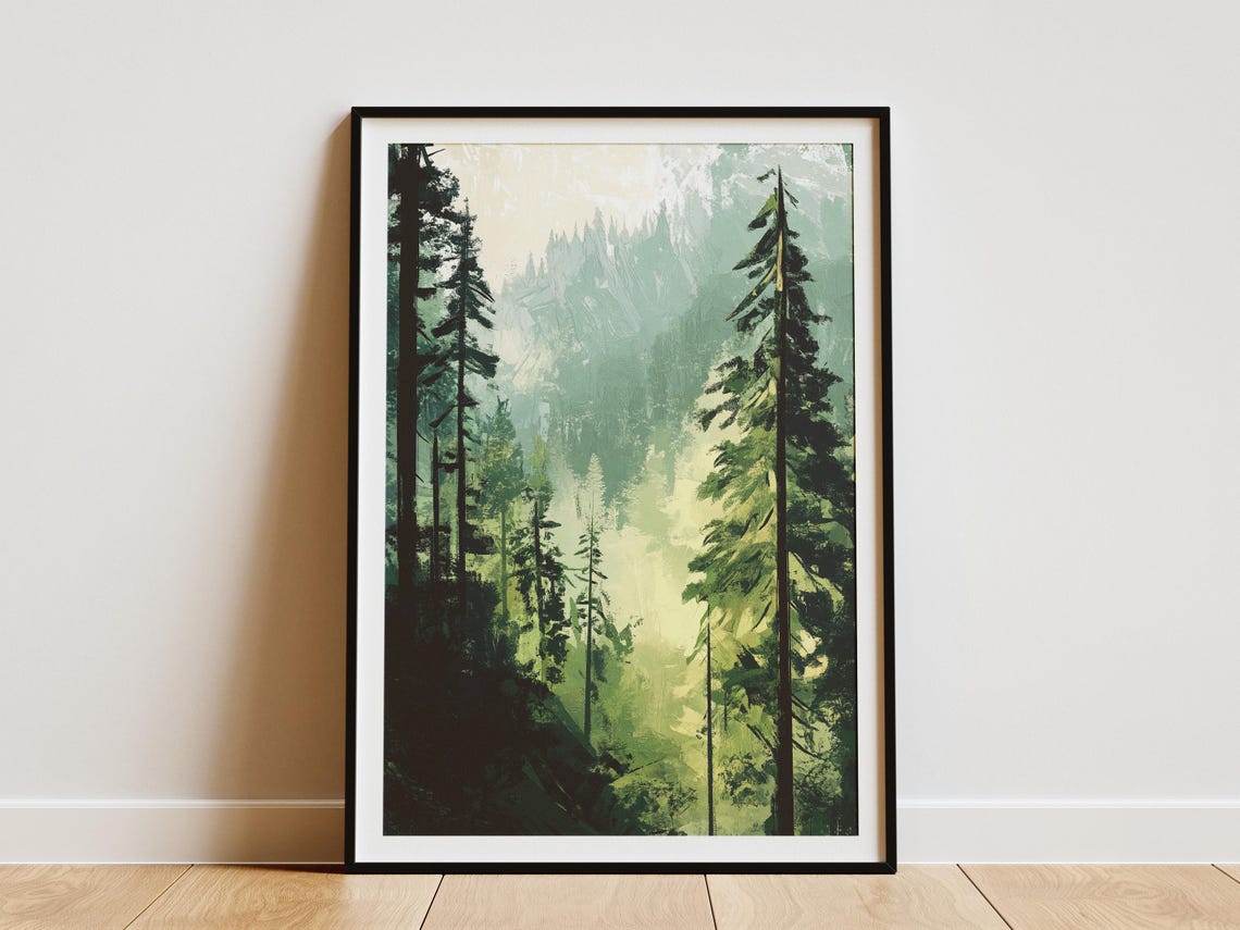 Oregon Misty Pine Forest Fog Pacific Northwest Landscape Poster