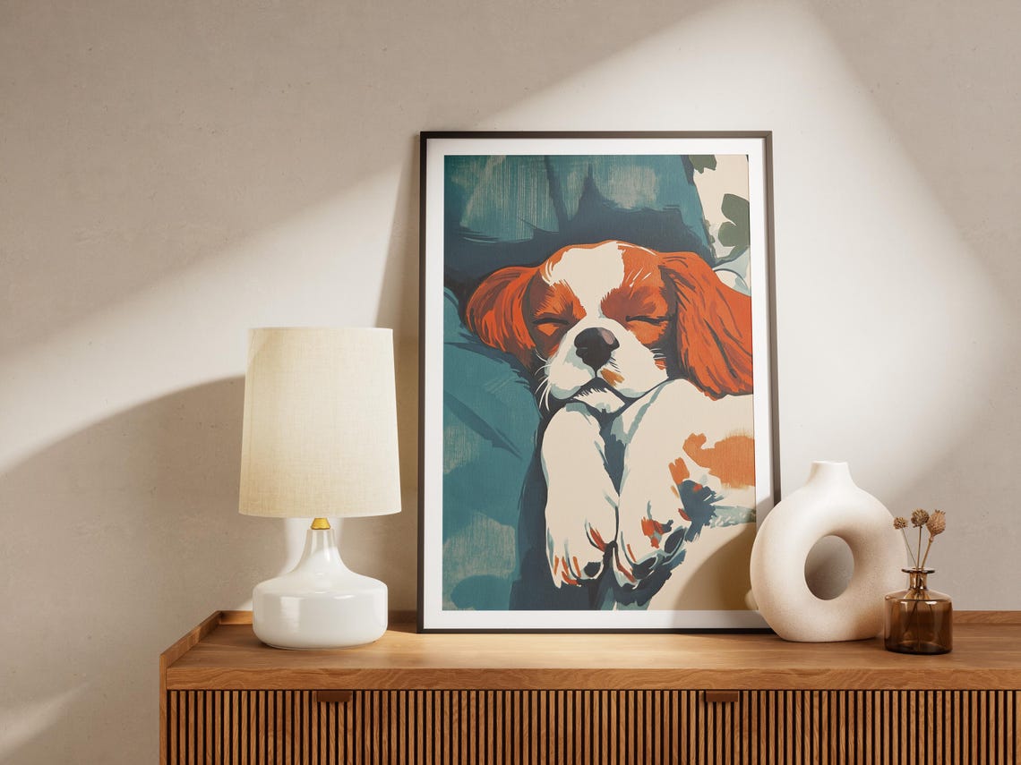 Sleeping Cavalier King Charles Spaniel Puppy Colorful Art Poster - Image 4