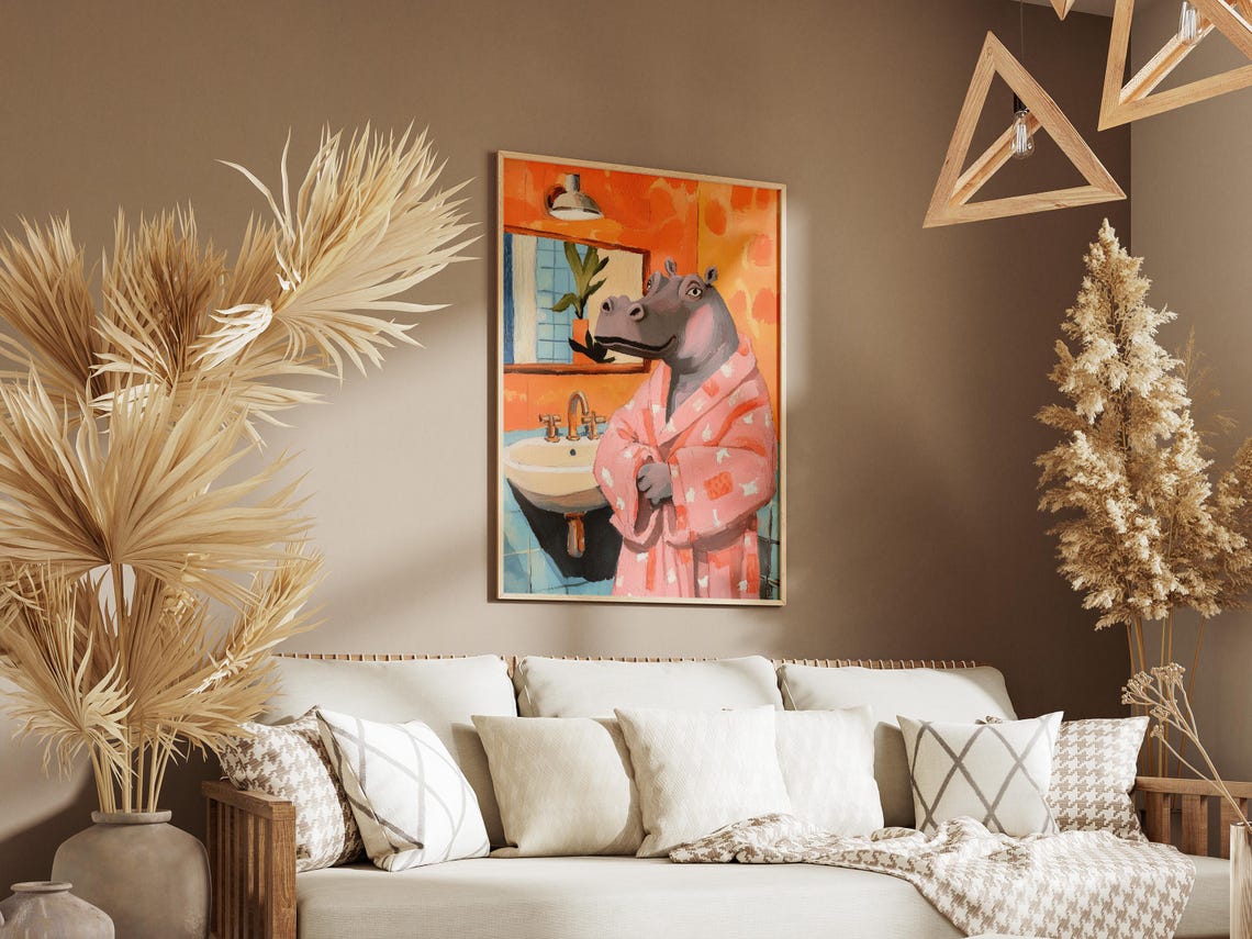 Hippopotamus in Pink Polka Dot Bathrobe Orange Bathroom Poster - Image 3