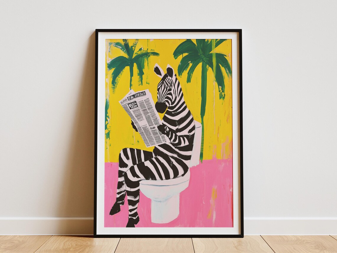 Zebra Reading Newspaper on Toilet Tropical Pink Palm Art Poster