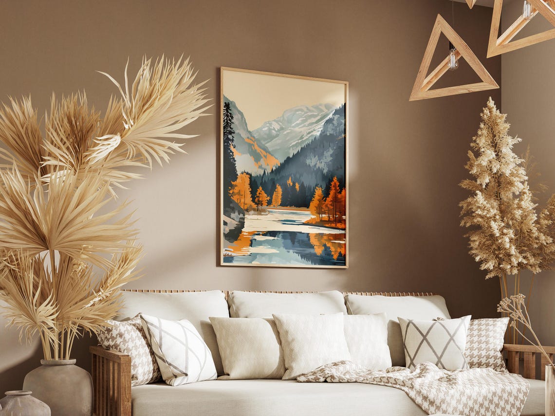 Alpine Mountain Lake Autumn Scene with Golden Larches Art Poster - Image 3