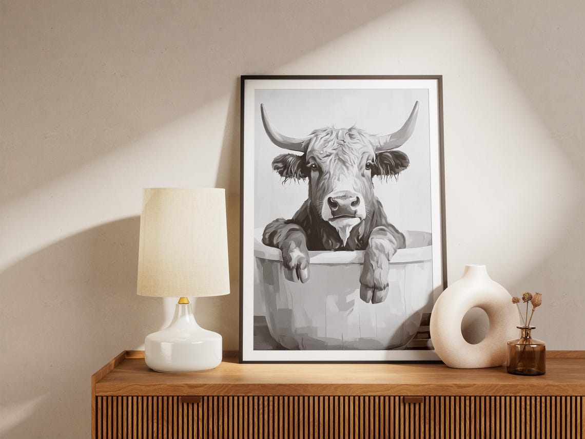 Highland Cow in Bathtub Black and White Funny Bathroom Decor Poster - Image 4