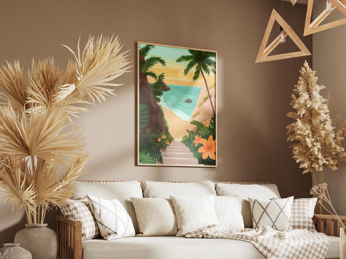 Tropical Beach Stairway Between Palms and Orange Flowers Poster - Image 3