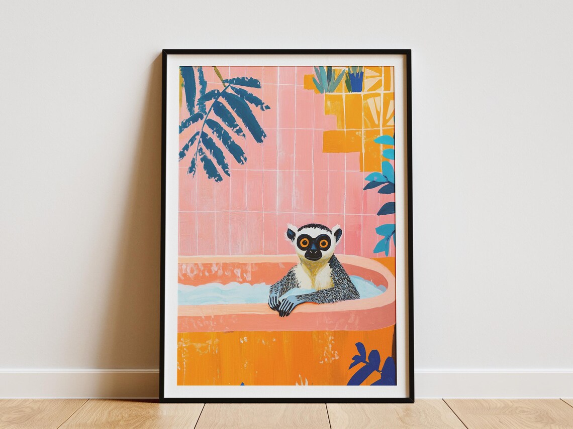 Ring Tailed Lemur in Bathtub Pink Bathroom Funny Animal Poster
